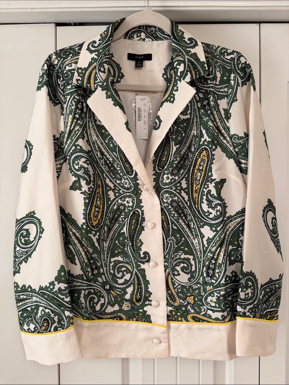 J. Crew Cream Paisley Button-Front Shirt Jacket with Green & Yellow Trim NWT
